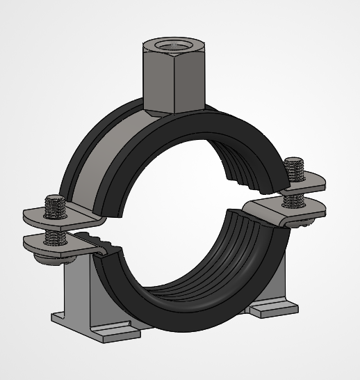 SolidWorks model of a contoured clamp used in the bottom-shell-to-frame mounting mechanism