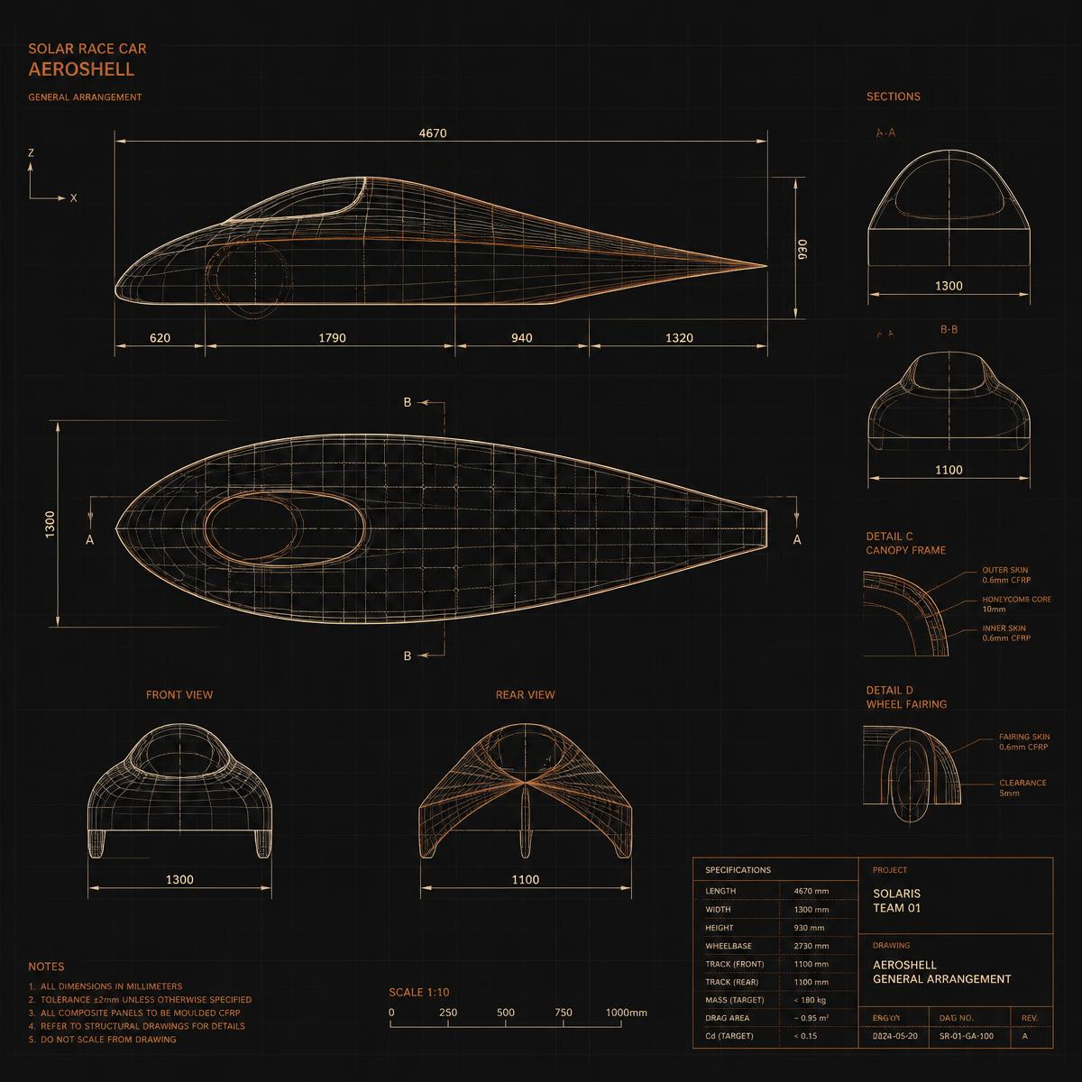 Technical line drawing of a solar vehicle aeroshell with dimension callouts